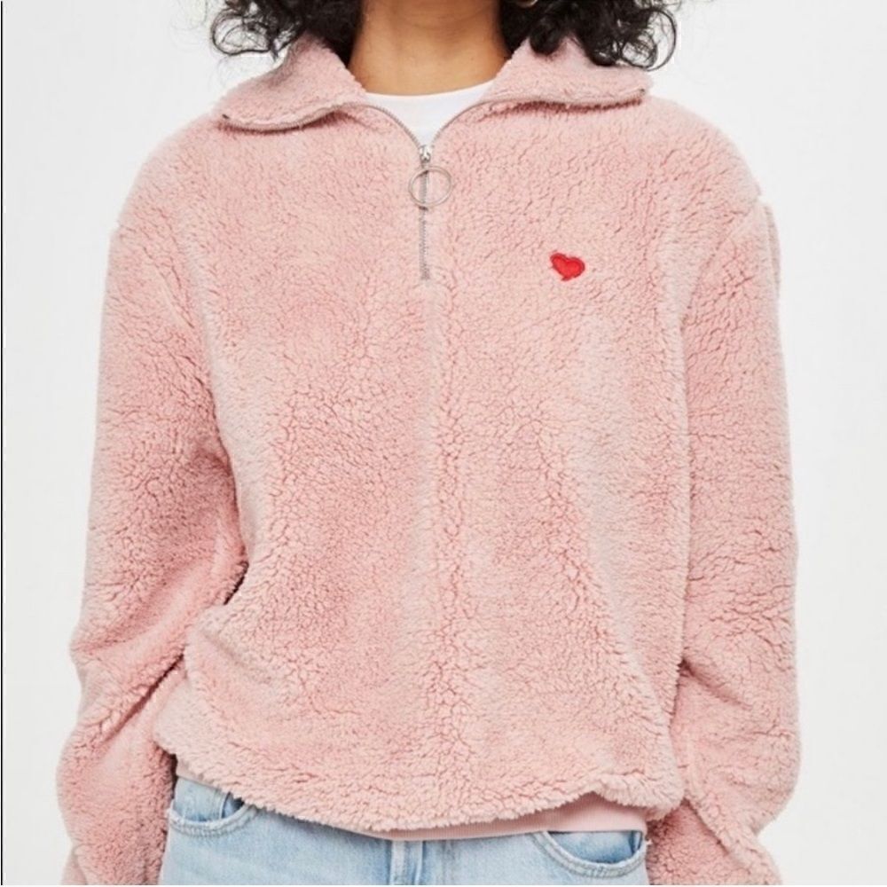Topshop Borg Pink Sherpa Quarter Zip Jacket/Pullover w/Red Heart Size 6. EUC!